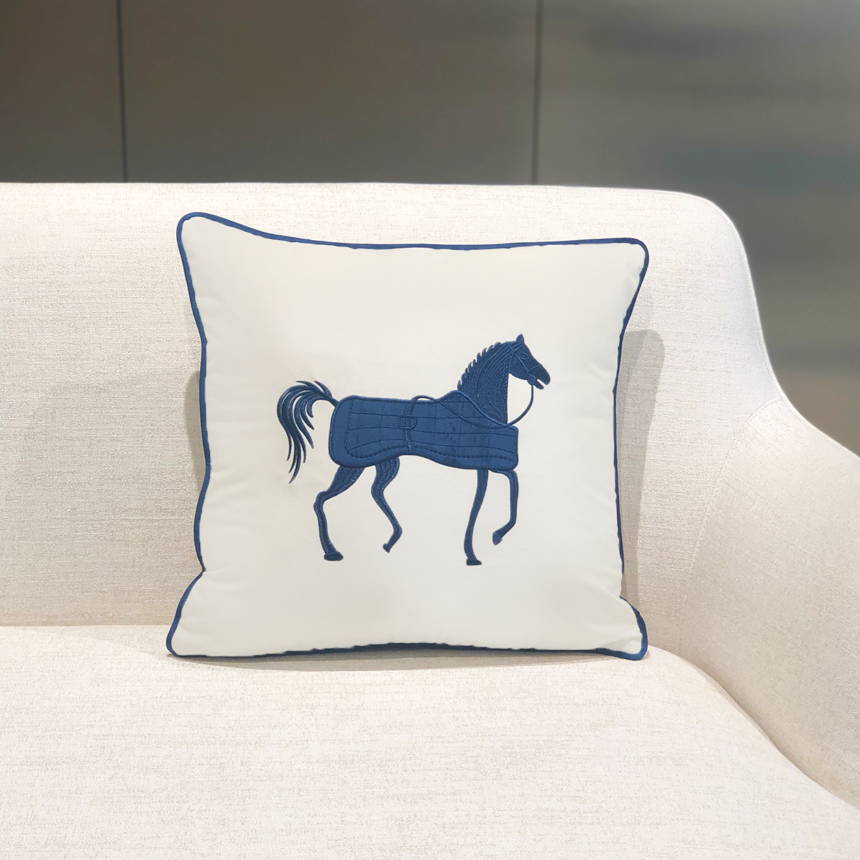 Deluxe Navy Blue Horse Filled Cushion-45*45cm-Wht/Blue