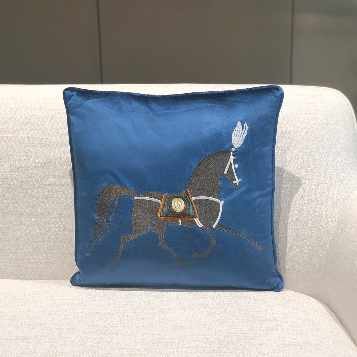 Deluxe Horse Embroidered Filled Cushion Royal Blue-45*45cm