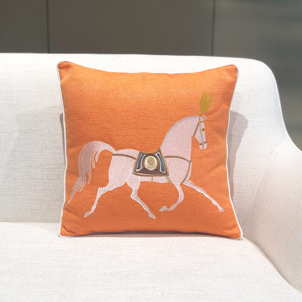 Deluxe White Horse 45*45cm Cushion-Tangerine